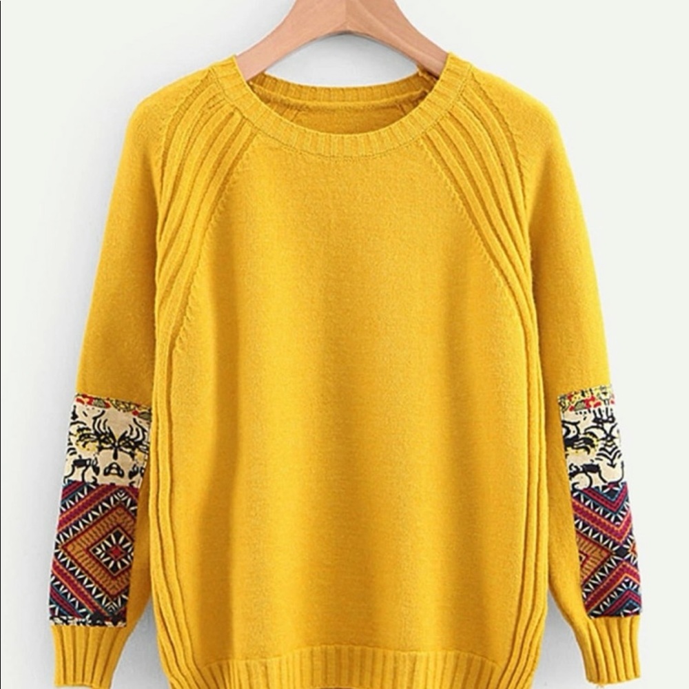 Contrast Patch High Low Musturd Yellow Sweater
